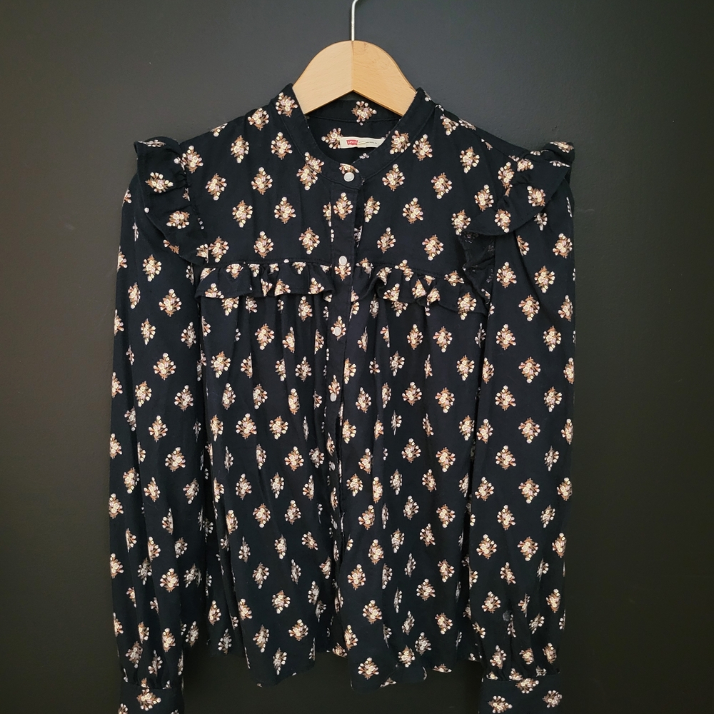 Levi's Navy Blue Floral Blouse with Ruffles